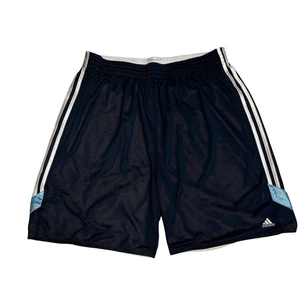 Adidas Men's 2XL Navy Mesh Shorts White Stripes Light Blue Accents Reversible